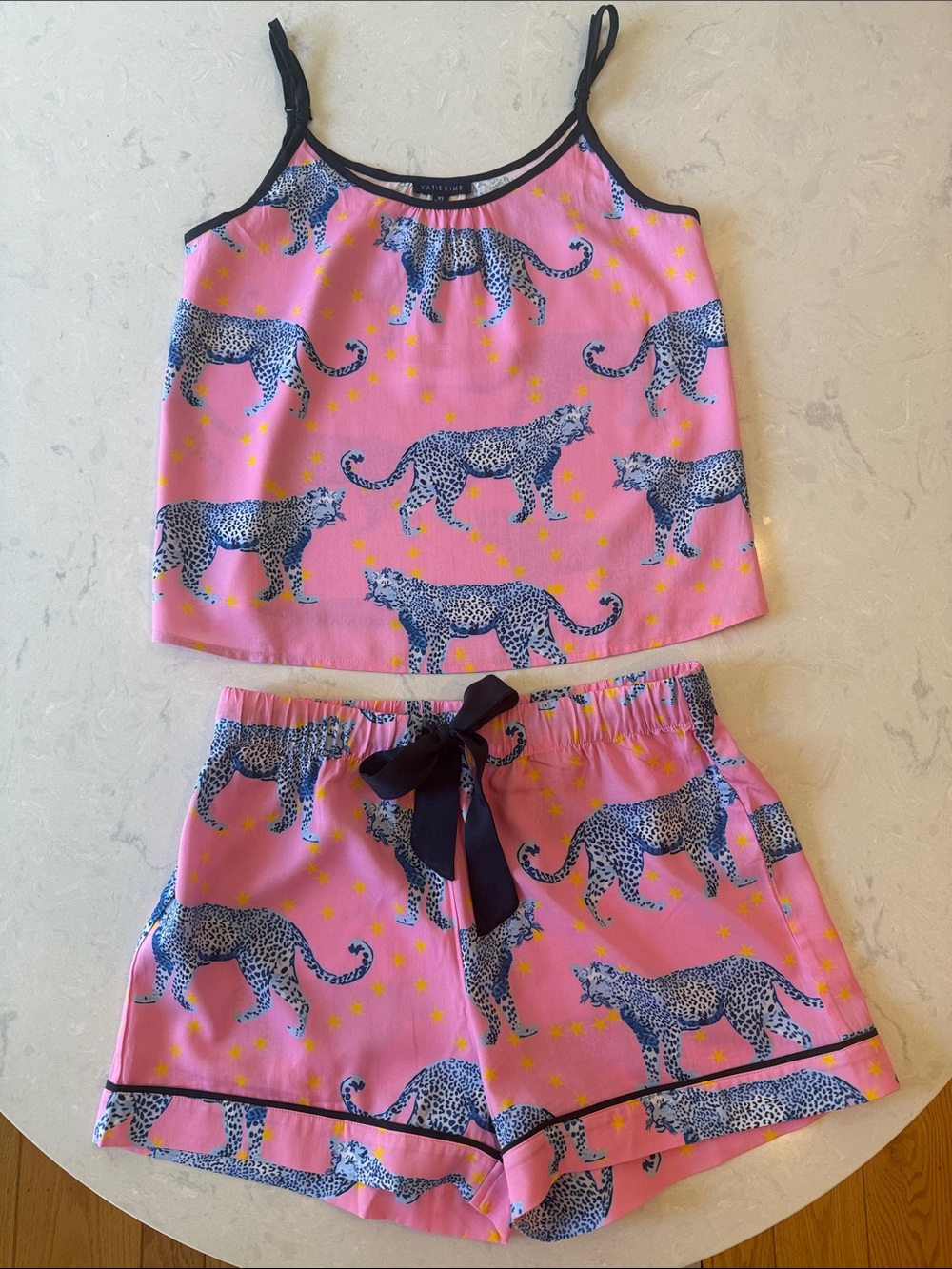 Katie K Pink Leopard Print Pajama Set with Navy Accents